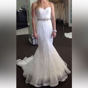 Bellisima White Lace Mermaid Wedding Dress with attached Beaded Belt